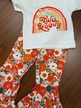 Two Groovy Rainbow Tee & Floral Flared Pants Set - White, Orange, Pink